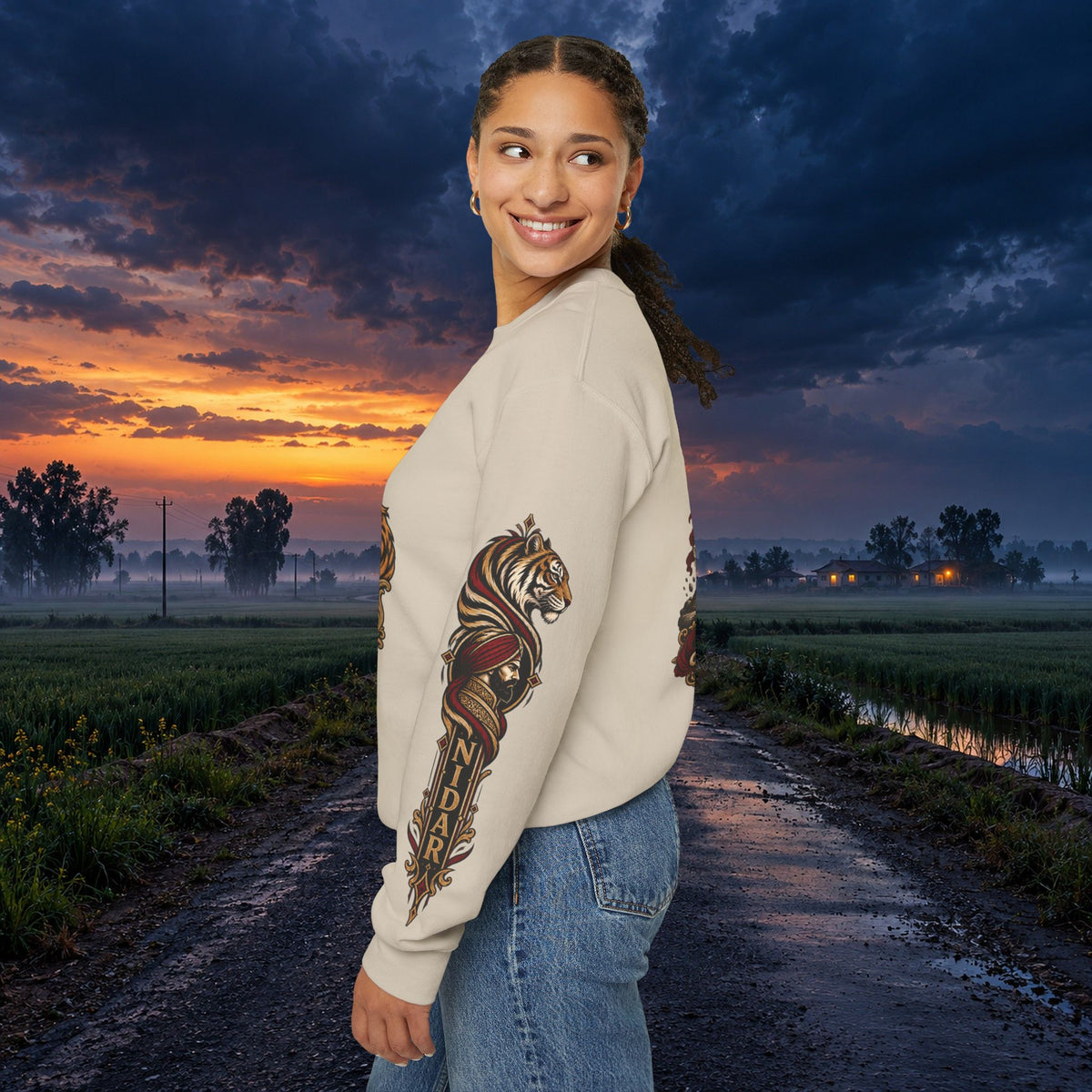 Nidar Courage Does Not Bow Warrior Tiger Crewneck Sweatshirt
