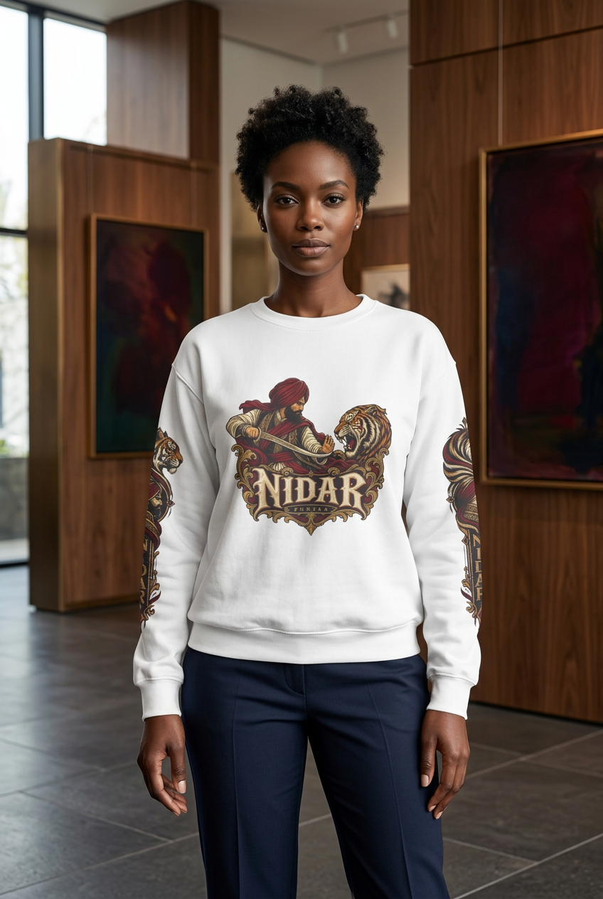 Nidar Courage Does Not Bow Warrior Tiger Crewneck Sweatshirt