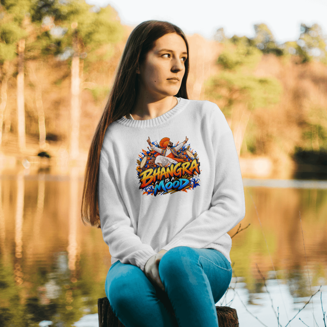 Bhangra sweatshirt on adult female model by lakeside