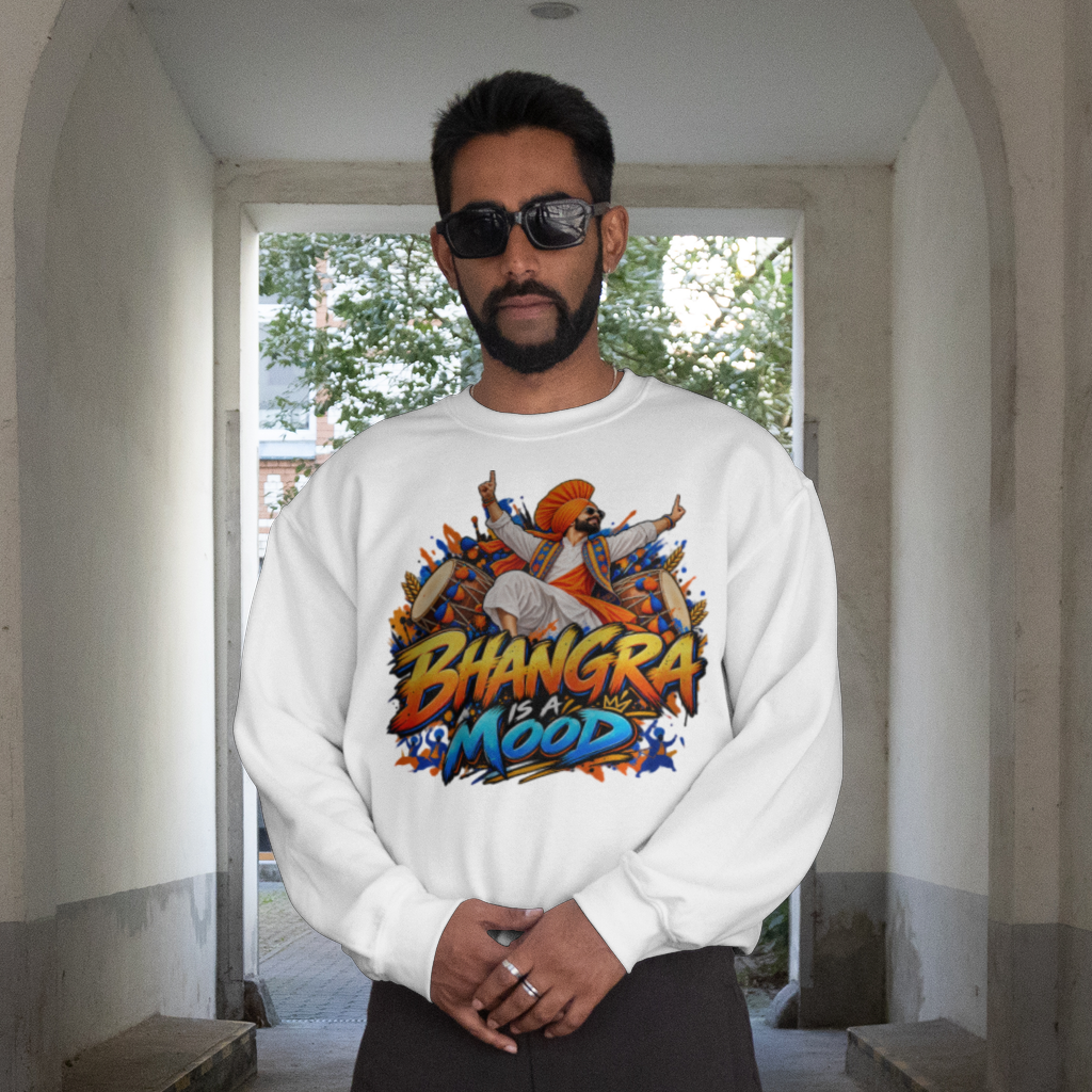 Bhangra Is a Mood sweatshirt with large centered chest artwork, front view