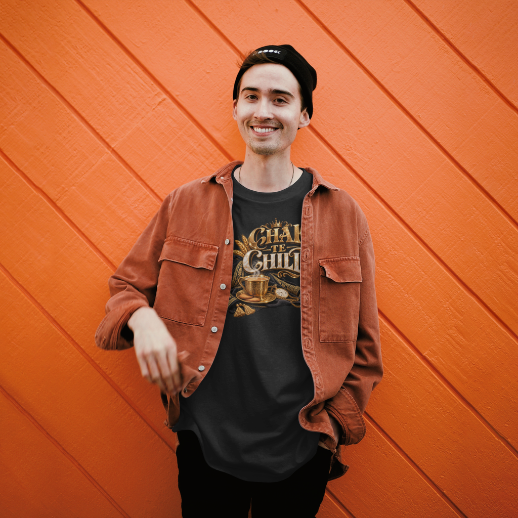 Chai Te Chai T-shirt — centered front print, person wearing it, lifestyle background