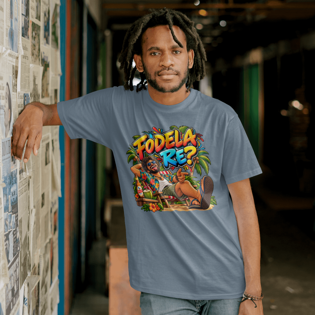 Fodela Re? T-shirt — centered front print, person wearing it, lifestyle background