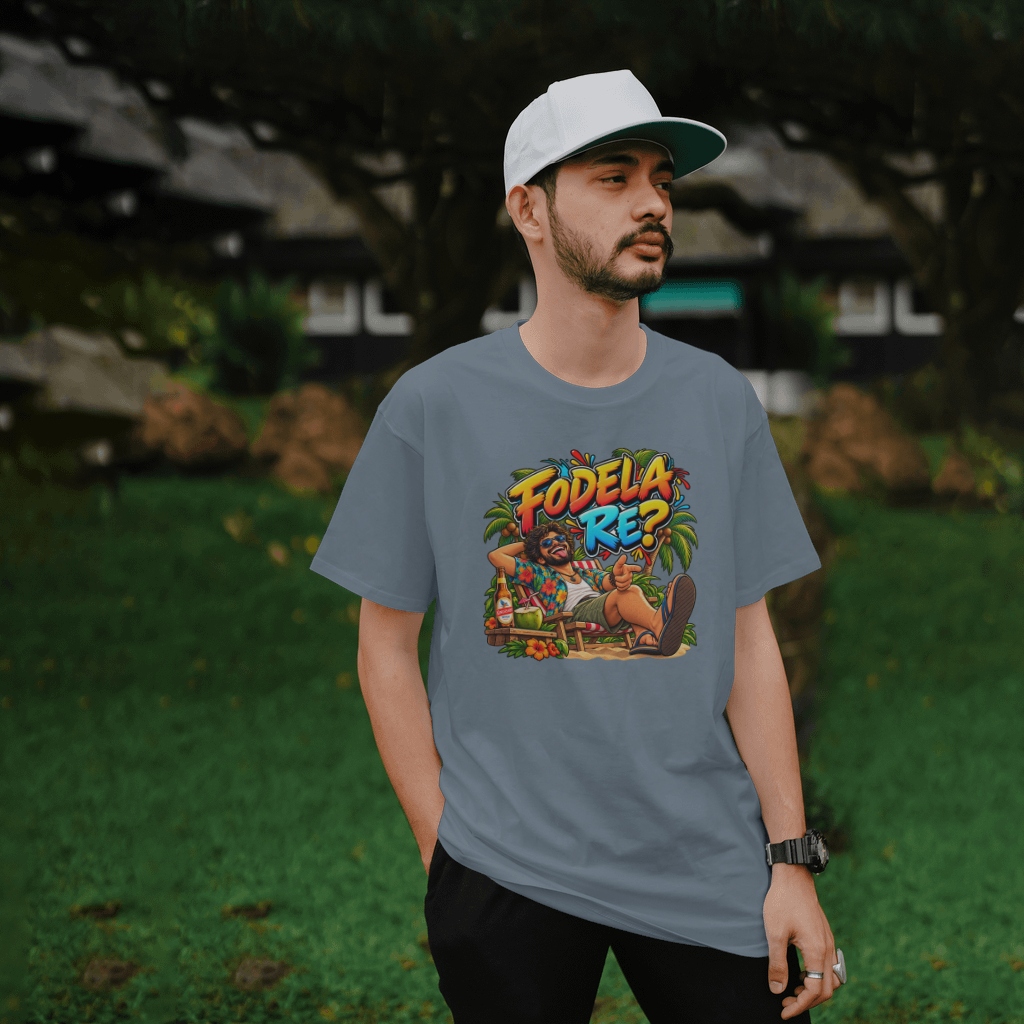 Fodela Re? T-shirt — centered front print, person wearing it, studio background