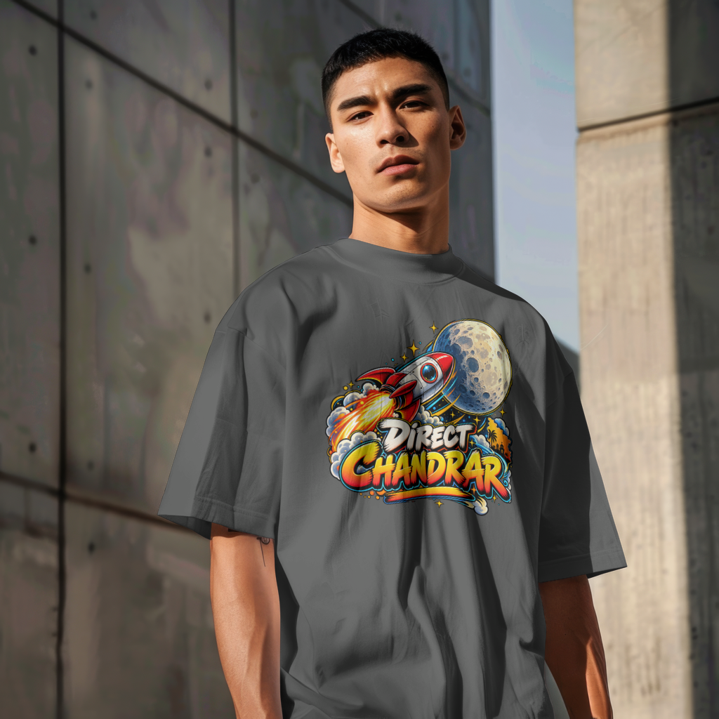 Direct Chandrar T-shirt — centered front print, person wearing it, lifestyle background