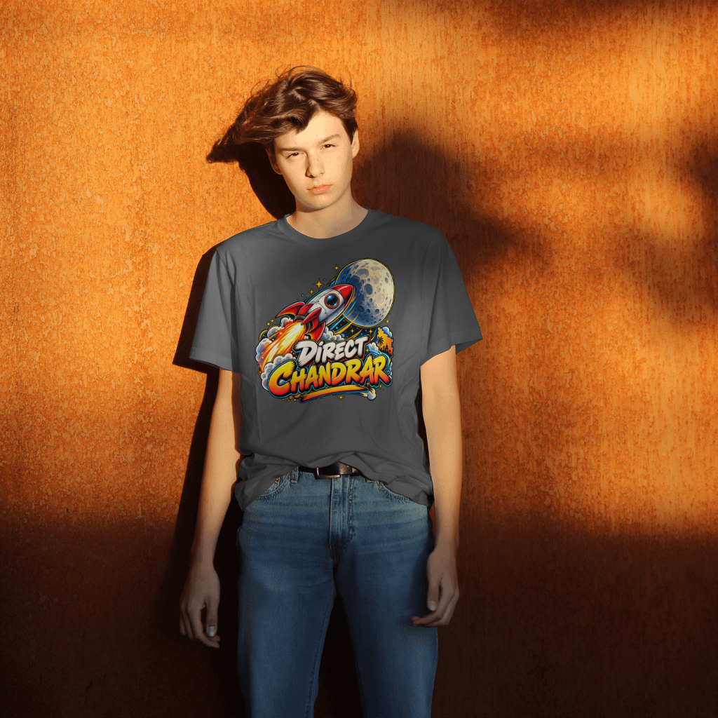 Direct Chandrar T-shirt — centered front print, person wearing it, studio background