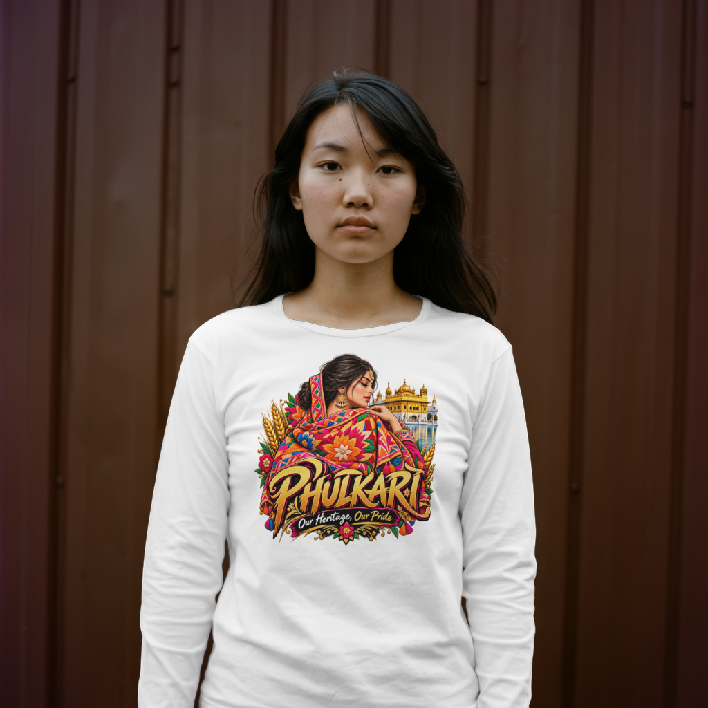 Phulkari artwork worn by women — premium lifestyle mockup 3, front print with background