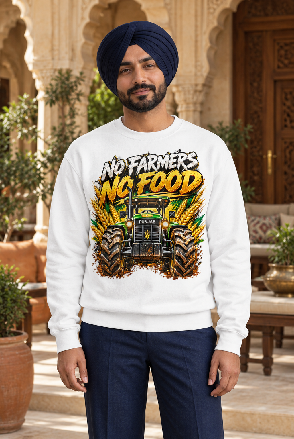 Farmer Pride No Farmers No Food white sweatshirt with large centred tractor graphic, worn by a man in a heritage hotel courtyard
