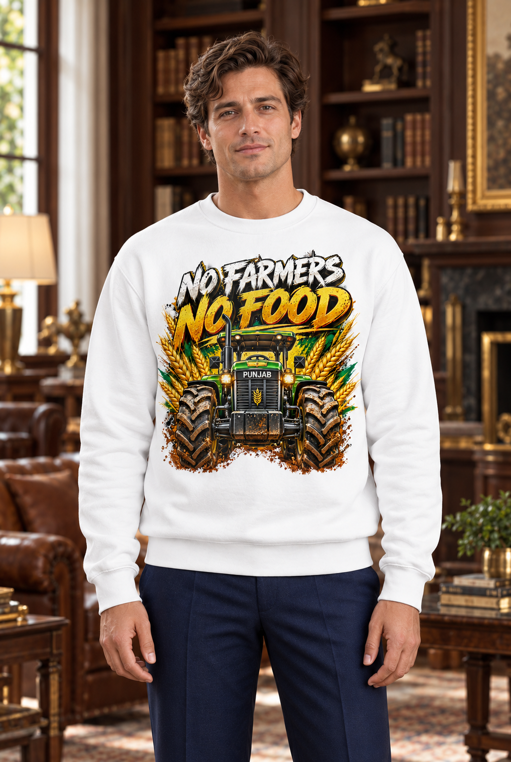 Farmer Pride No Farmers No Food white sweatshirt with centred tractor and wheat graphic, worn by a man in a luxury hotel library