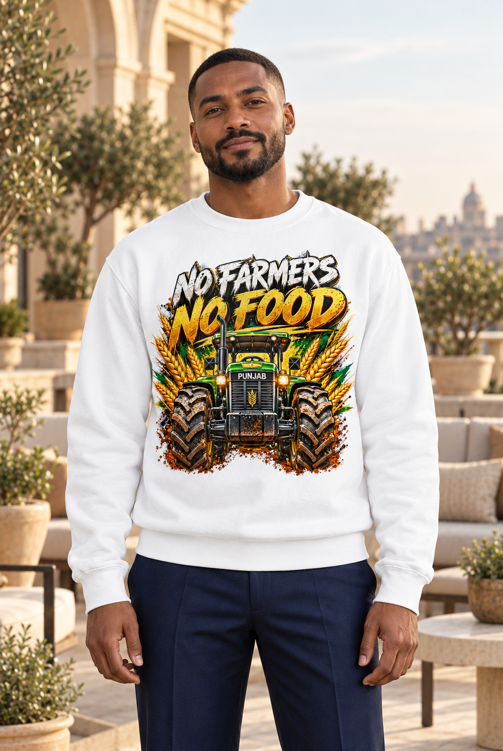 Farmer Pride No Farmers No Food white sweatshirt with centred tractor and wheat graphic, worn by a man on a luxury rooftop terrace