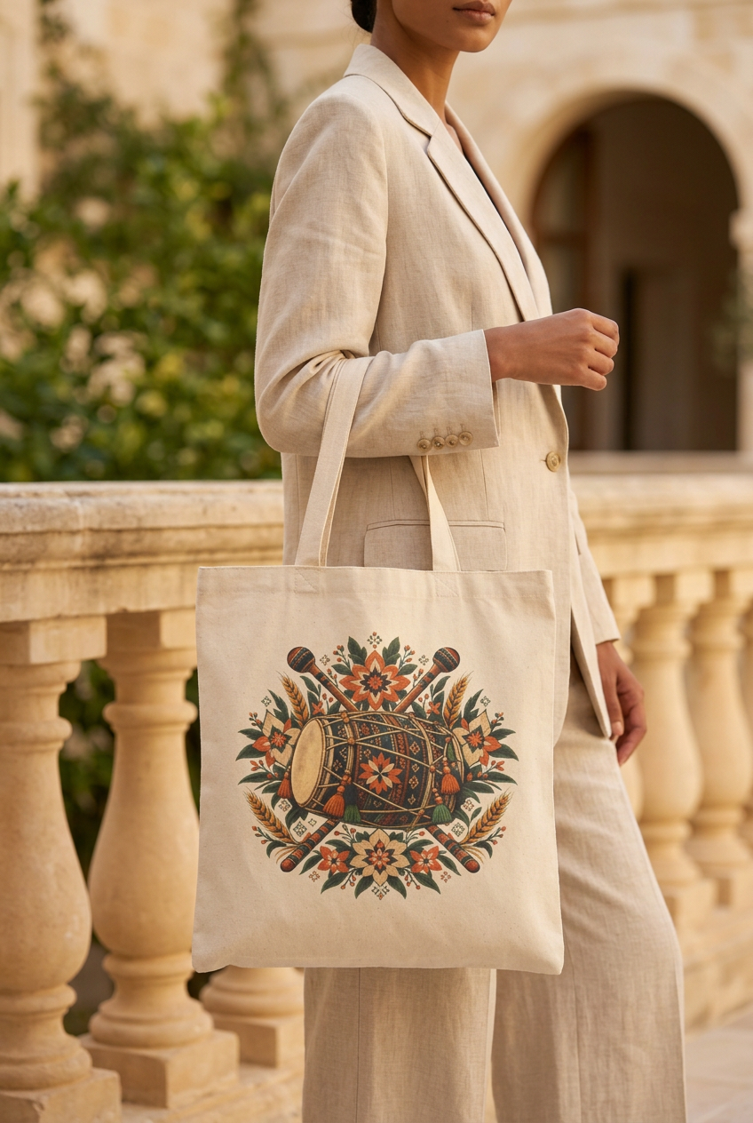 Close-up of a model carrying the floral drum canvas tote on a warm stone terrace