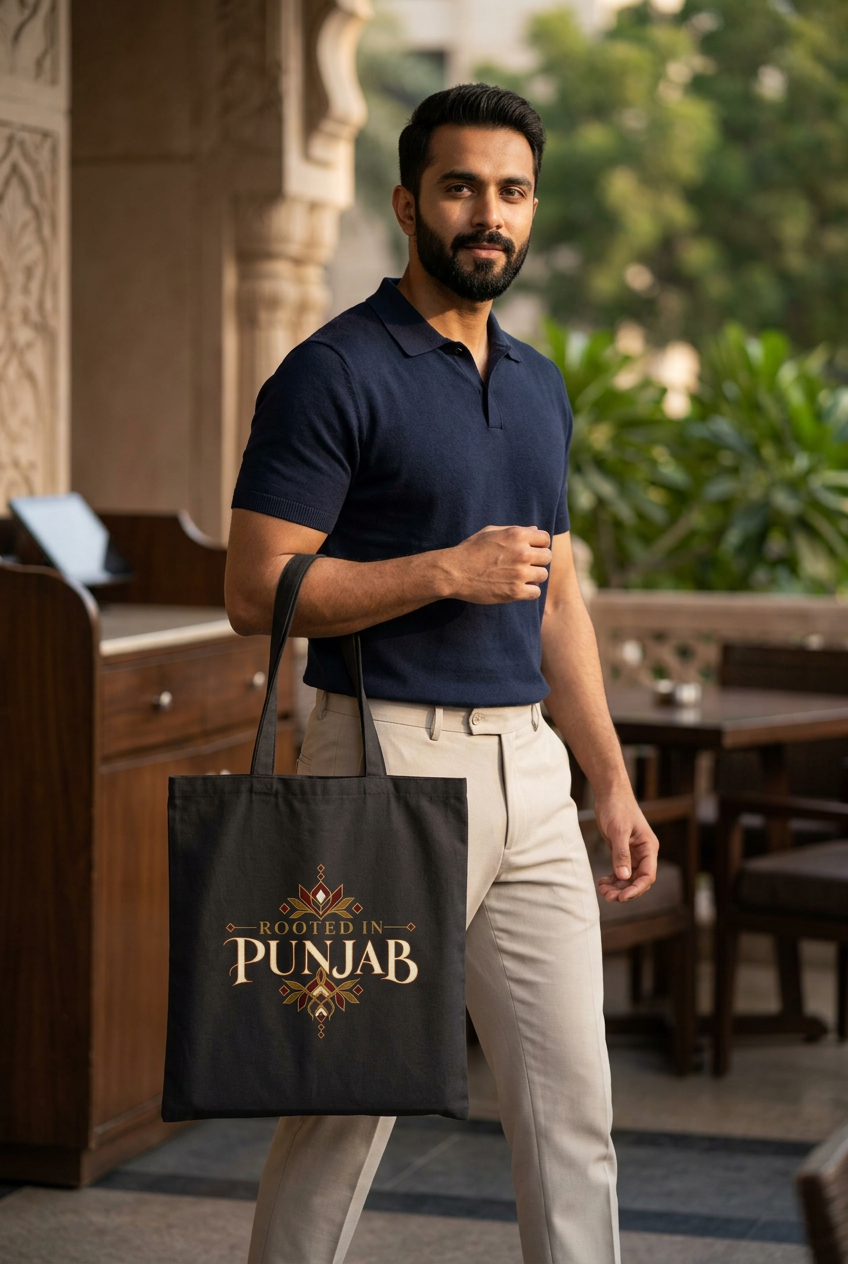 Man in a navy polo carrying the black Rooted in Punjab tote at an upscale cafe