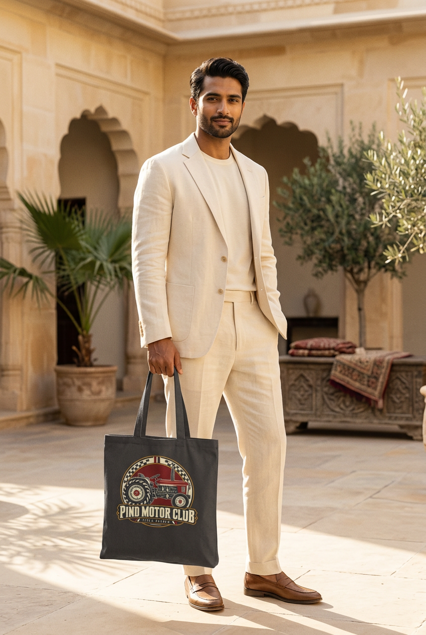 Model carrying the black Pind Motor Club tote in a luxury courtyard
