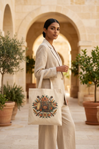 Model carrying a natural canvas floral drum tote in a warm stone courtyard