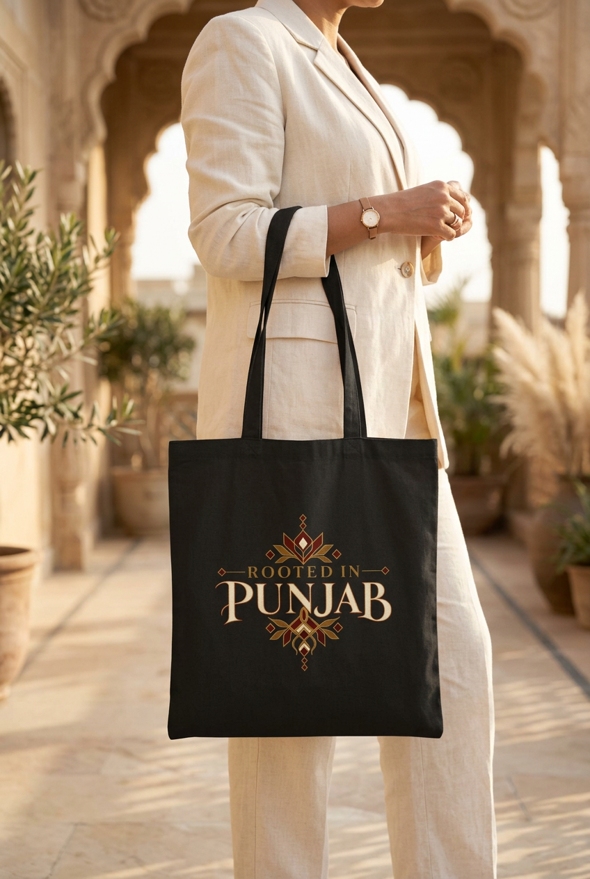 Close-up of a model carrying the black Rooted in Punjab canvas tote in a stone courtyard