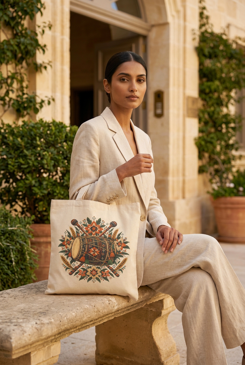 Seated model with a natural canvas floral drum tote outside a boutique hotel