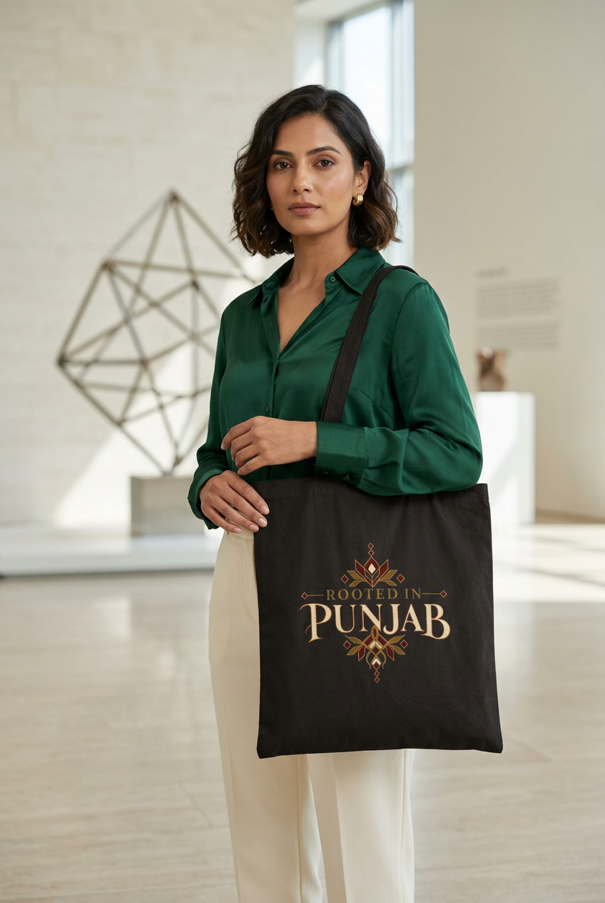 Woman in an emerald blouse carrying the black Rooted in Punjab tote in an art gallery
