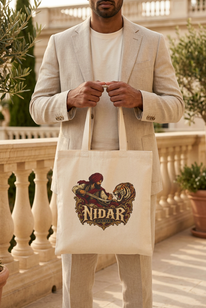 Close-up of the natural Nidar warrior and tiger tote carried by a model on a stone terrace