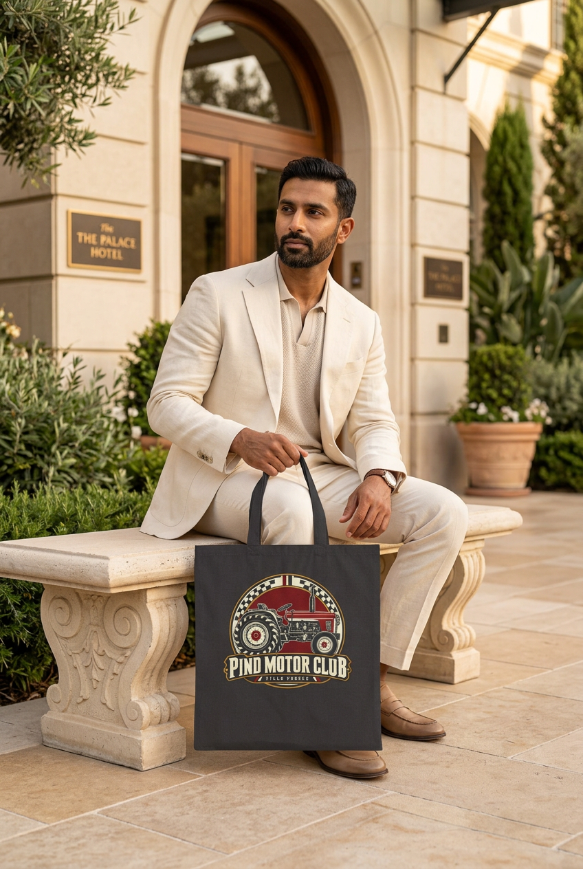 Seated model holding the black Pind Motor Club tote outside a hotel