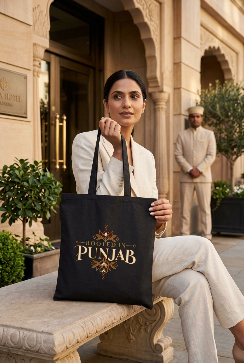 Seated model holding the black Rooted in Punjab canvas tote outside an elegant hotel