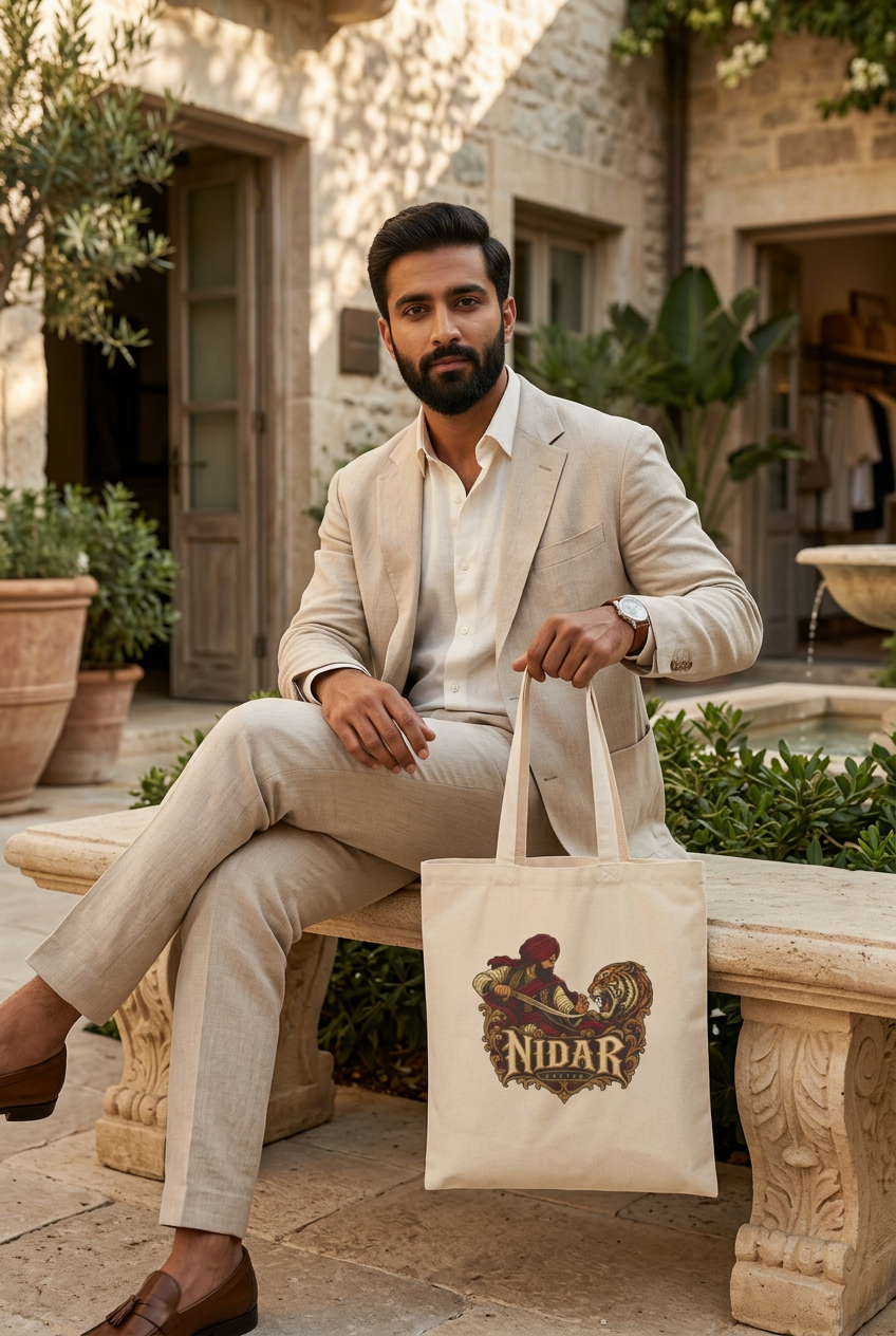 Seated male model holding the natural Nidar warrior and tiger tote outside a boutique hotel