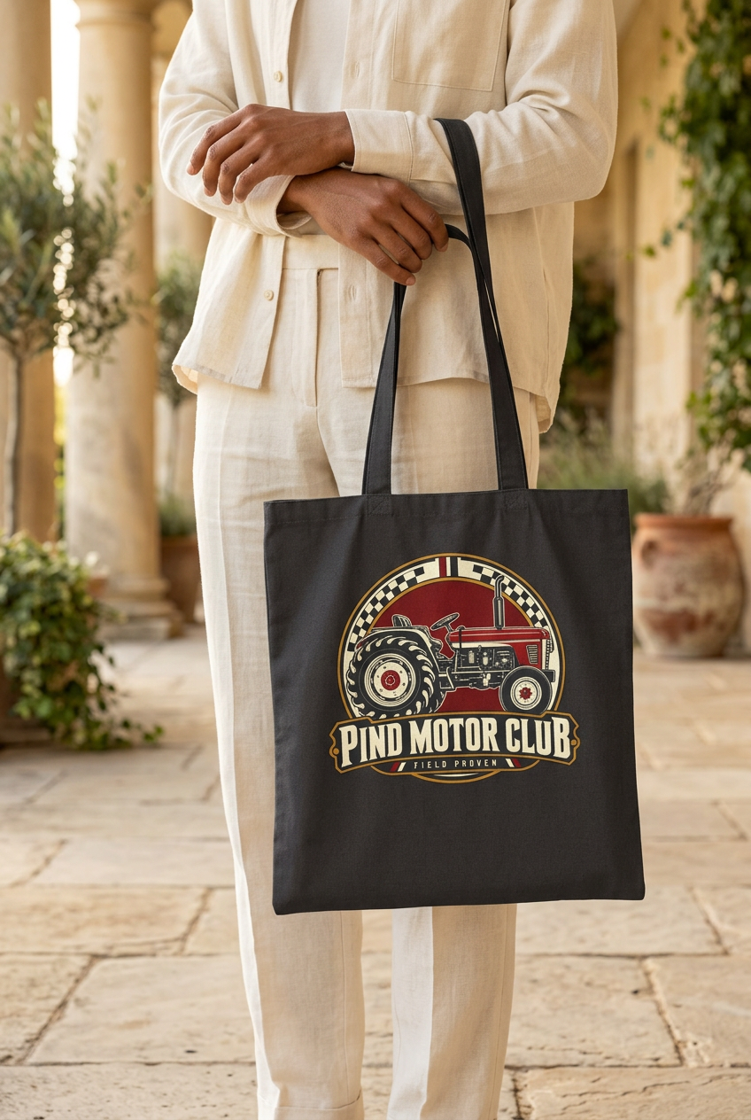 Close-up of the black Pind Motor Club tote carried by a model