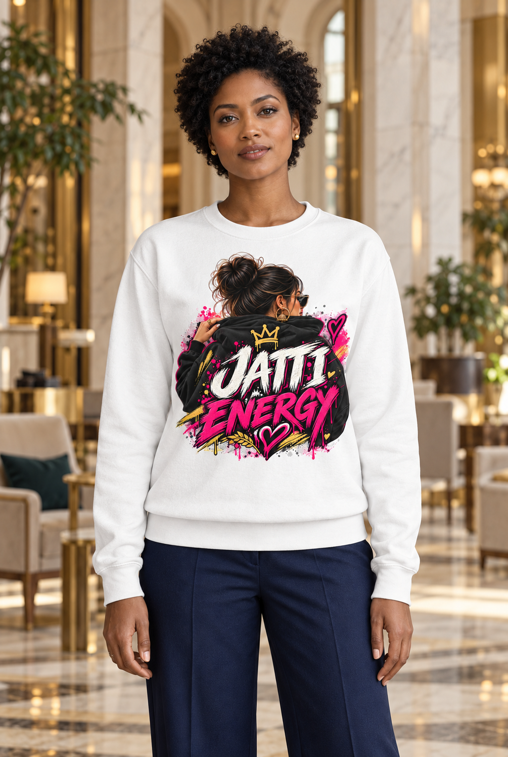 Jatti Energy white crewneck sweatshirt with centred pink black and gold graphic, worn by a woman in a luxury marble hotel atrium