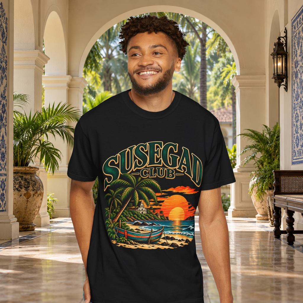Susegad Club Sunset Beach Garment-Dyed T-Shirt — worn detail, original garment and print preserved