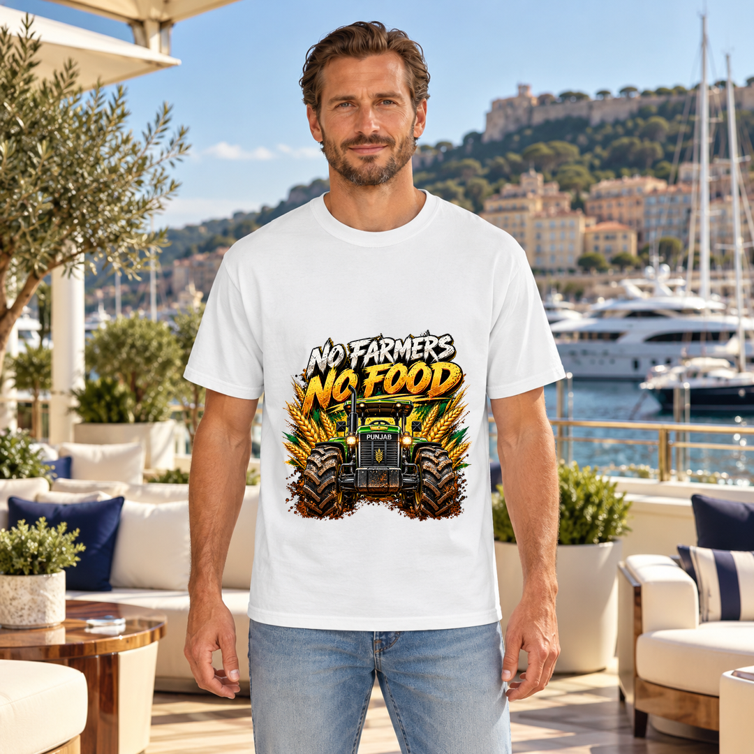 KAVSEN No Farmers No Food, Garment-dyed heavyweight 6.1oz tee, luxury front view 3