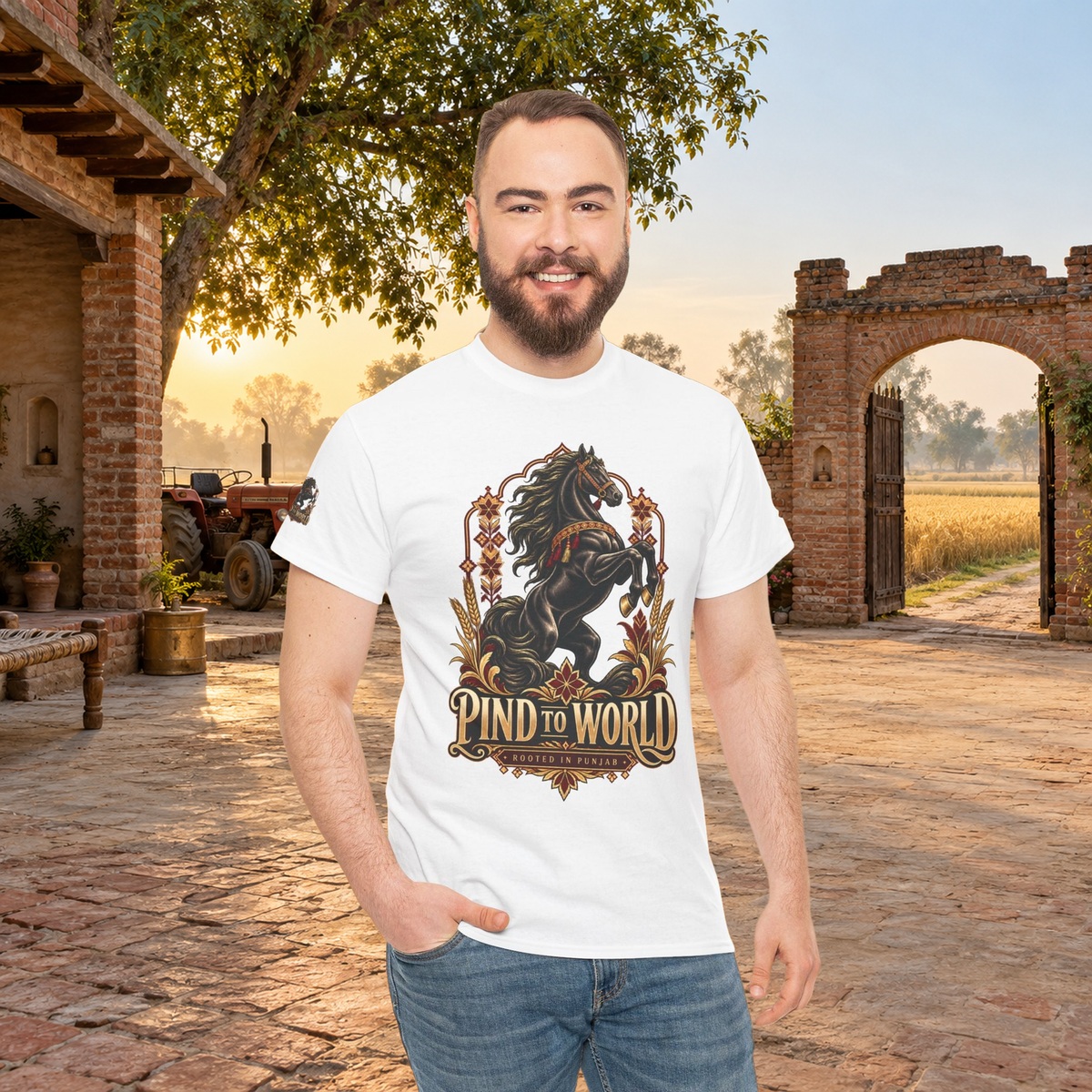 PIND TO WORLD Horse Graphic T-Shirt — Lifestyle; exact original print preserved