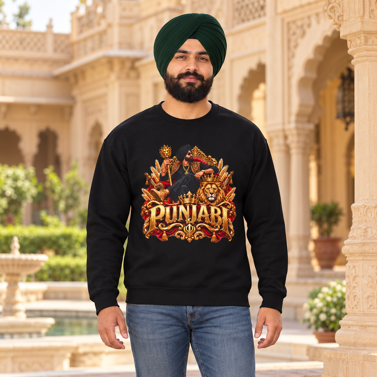 Crewneck Sweatshirt — Punjabi Royalty Graphic — premium centered mockup 3