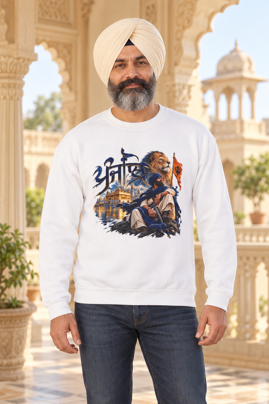 Crewneck Sweatshirt — Sikh Heritage Design with Golden Temple, Lion & Nishan Sahib — premium centered mockup 1