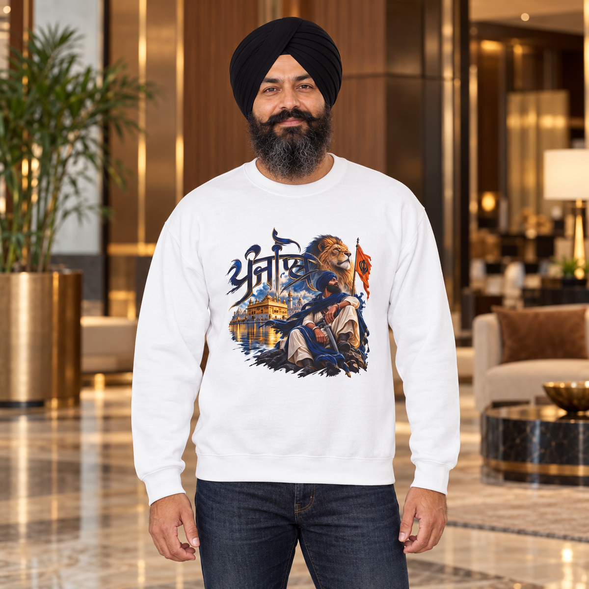 Crewneck Sweatshirt — Sikh Heritage Design with Golden Temple, Lion & Nishan Sahib — premium centered mockup 3