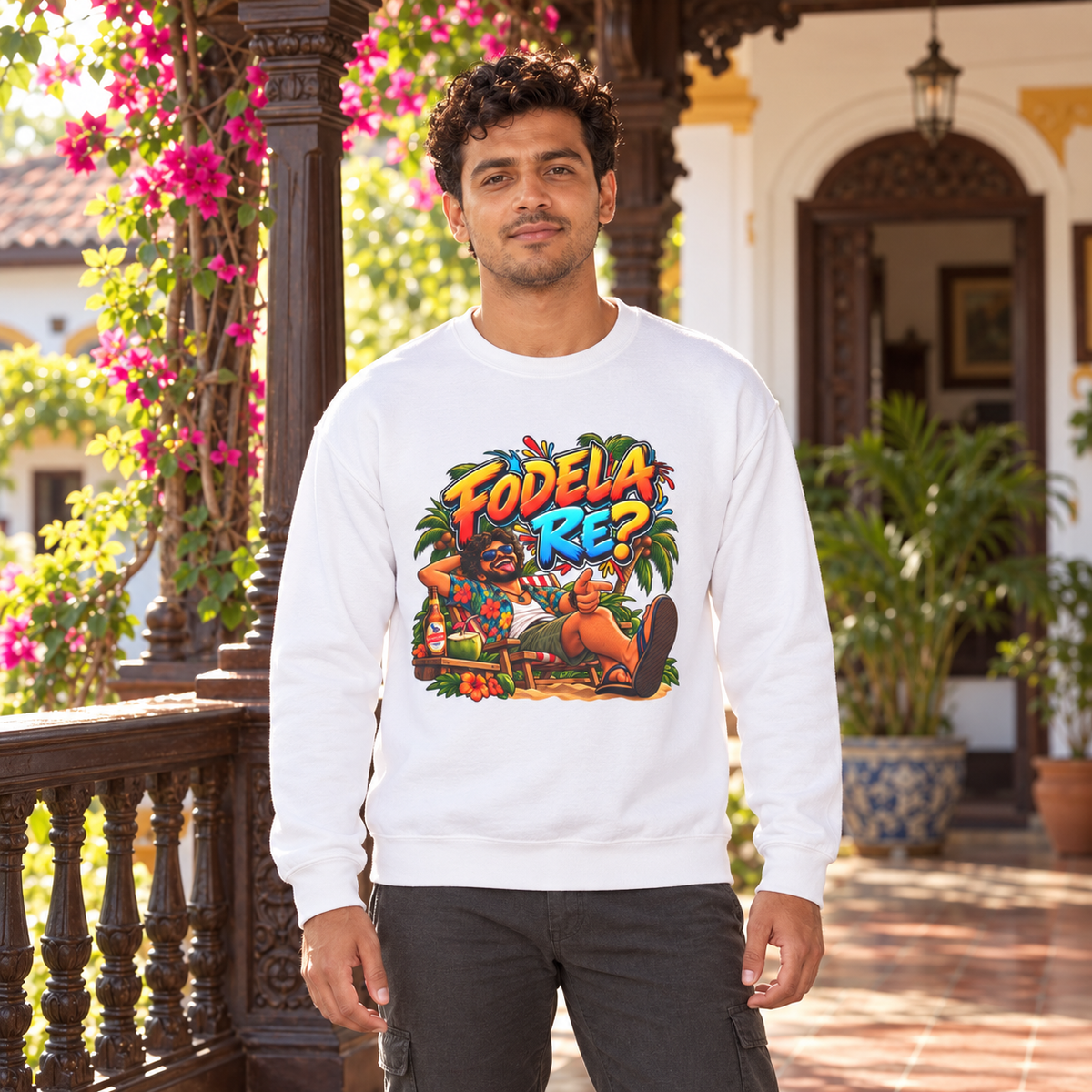 Fodela Re? | Goan Heritage Crewneck Sweatshirt — premium centered mockup 1