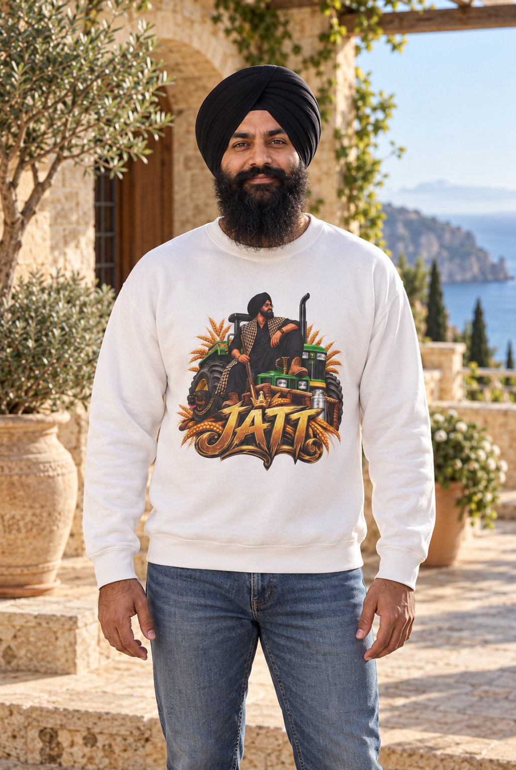 JATT Tractor Graphic Crewneck | Punjabi Heritage Sweatshirt — premium centered mockup 1