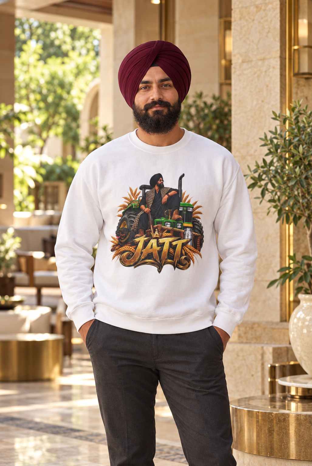 JATT Tractor Graphic Crewneck | Punjabi Heritage Sweatshirt — premium centered mockup 3