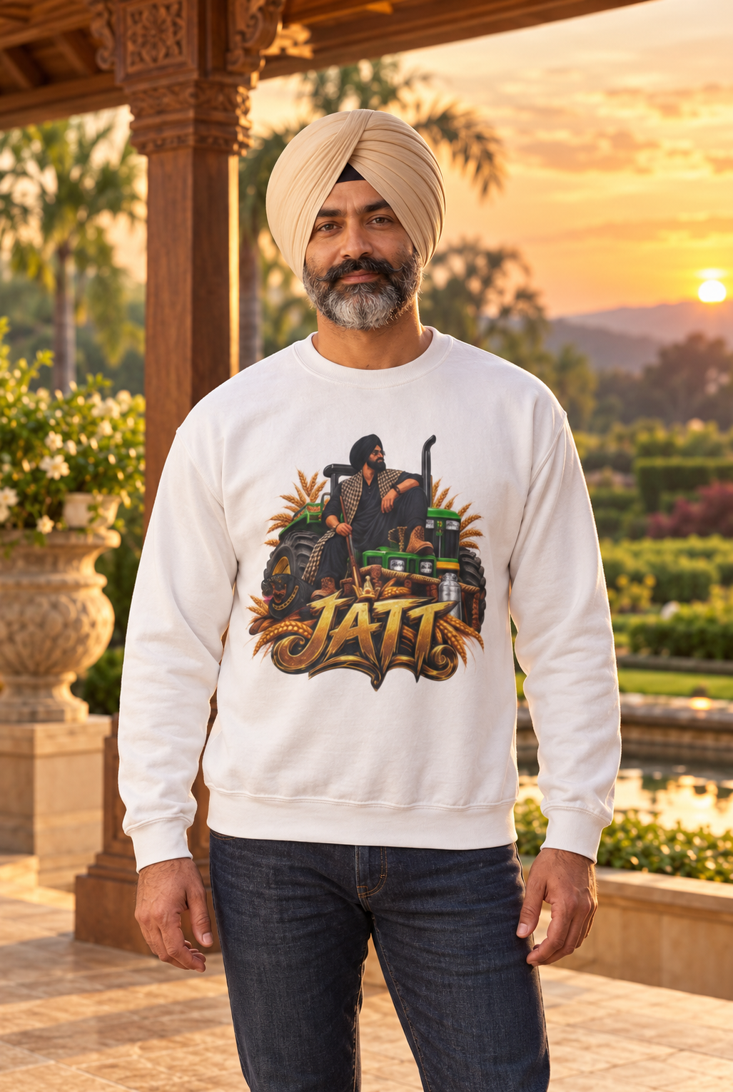 JATT Tractor Graphic Crewneck | Punjabi Heritage Sweatshirt — premium centered mockup 4