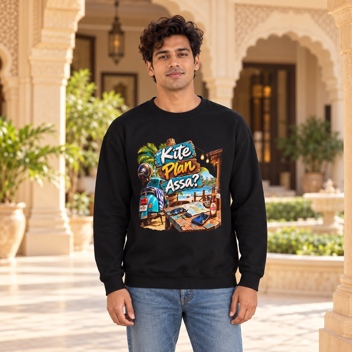 Kite Plan Assa? | Goan Heritage Crewneck Sweatshirt — premium centered mockup 1