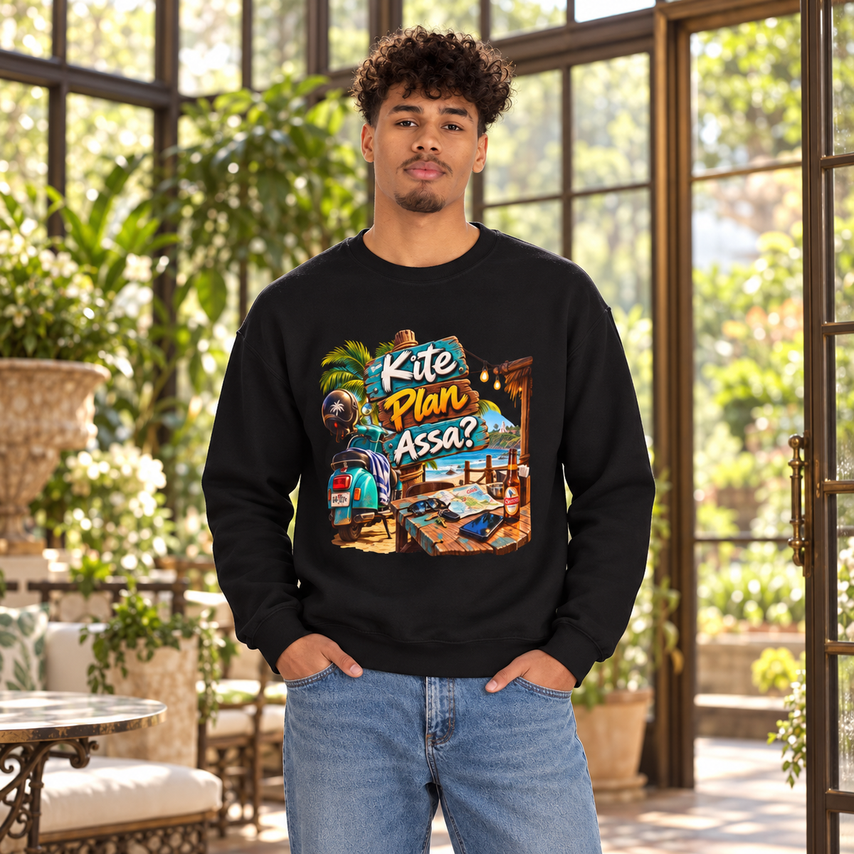 Kite Plan Assa? | Goan Heritage Crewneck Sweatshirt — premium centered mockup 2