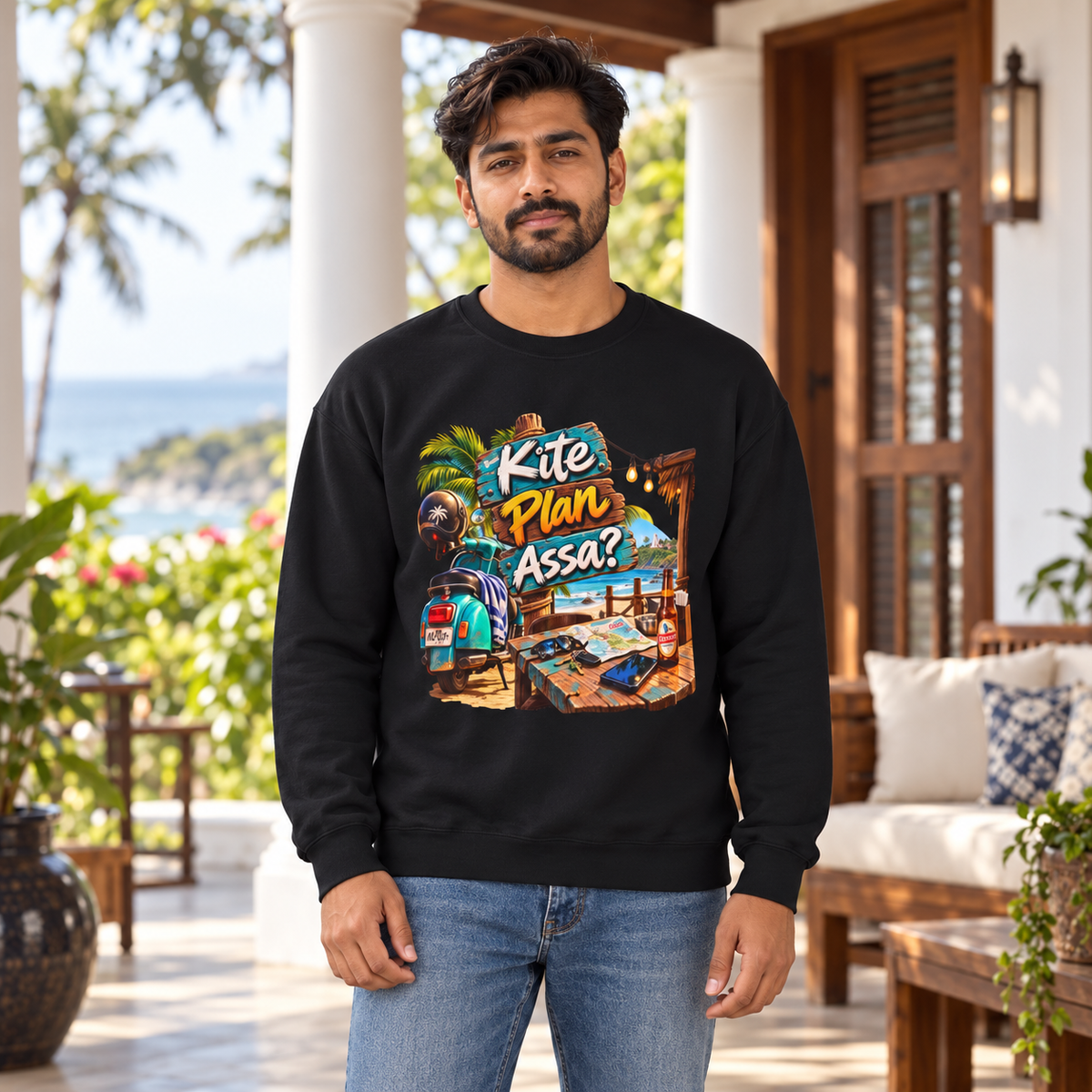 Kite Plan Assa? | Goan Heritage Crewneck Sweatshirt — premium centered mockup 3