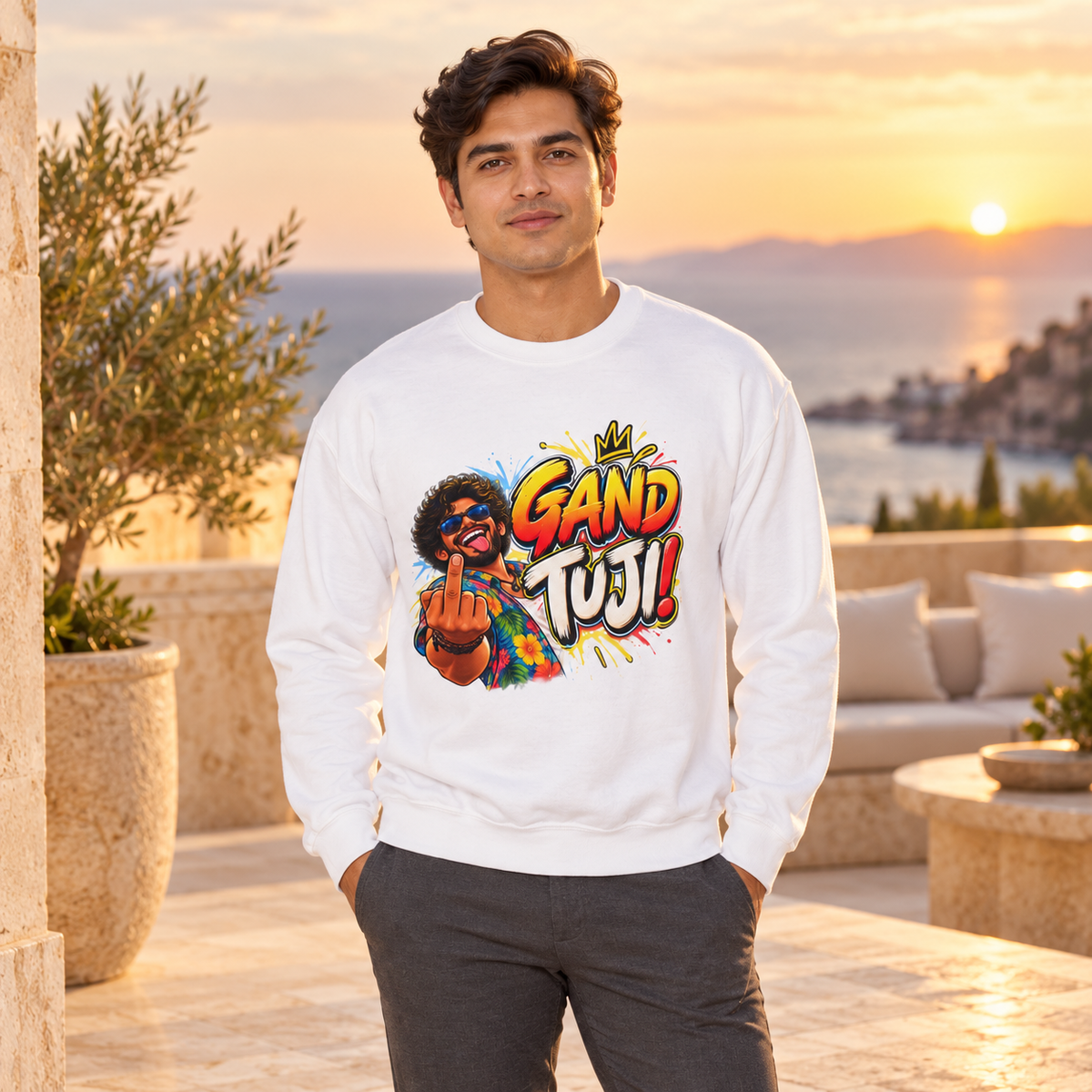 Gand Tuji! | Goan Heritage Crewneck Sweatshirt — premium centered mockup 4
