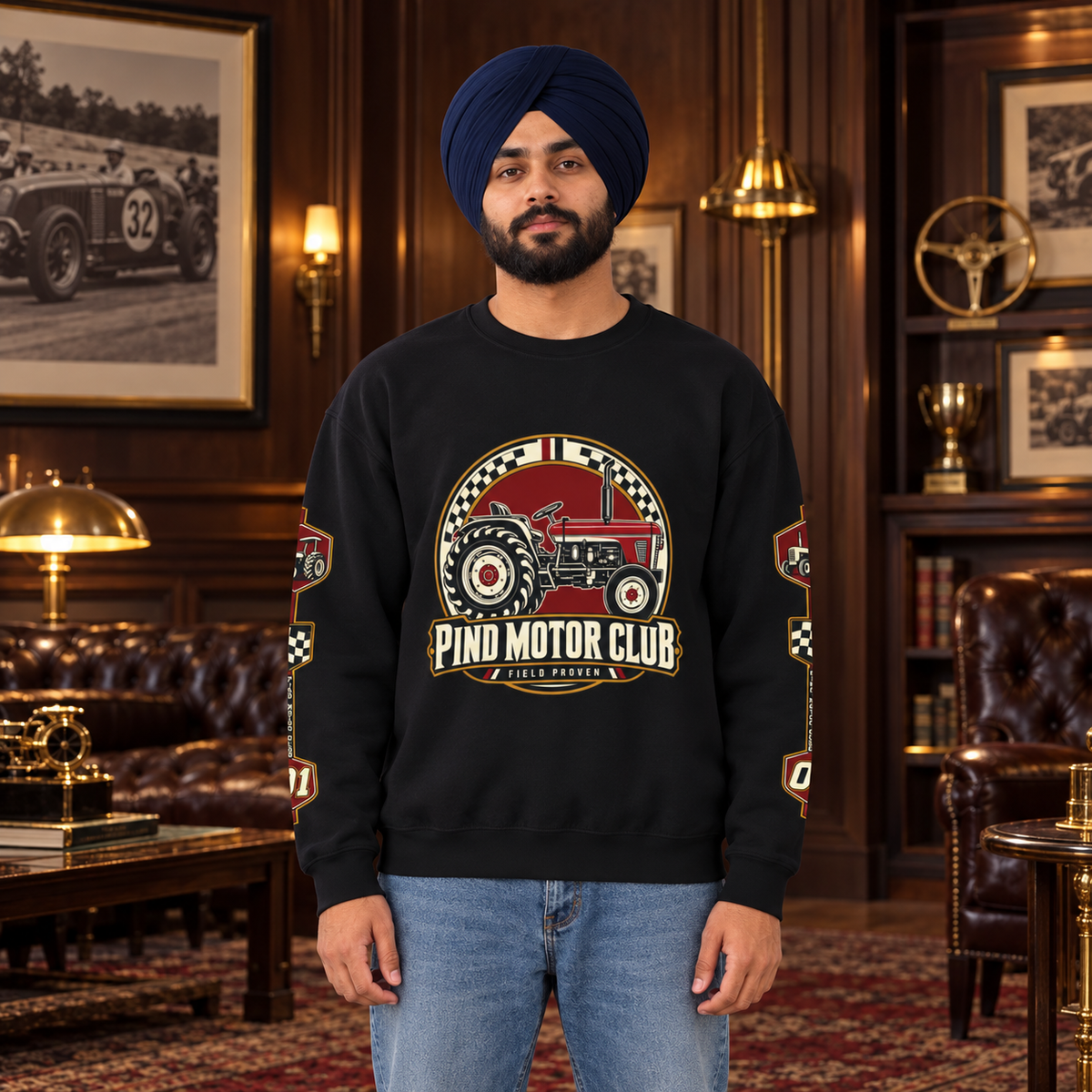 Pind Motor Club black tractor sweatshirt with front and sleeve prints, Sikh model in premium motoring lounge