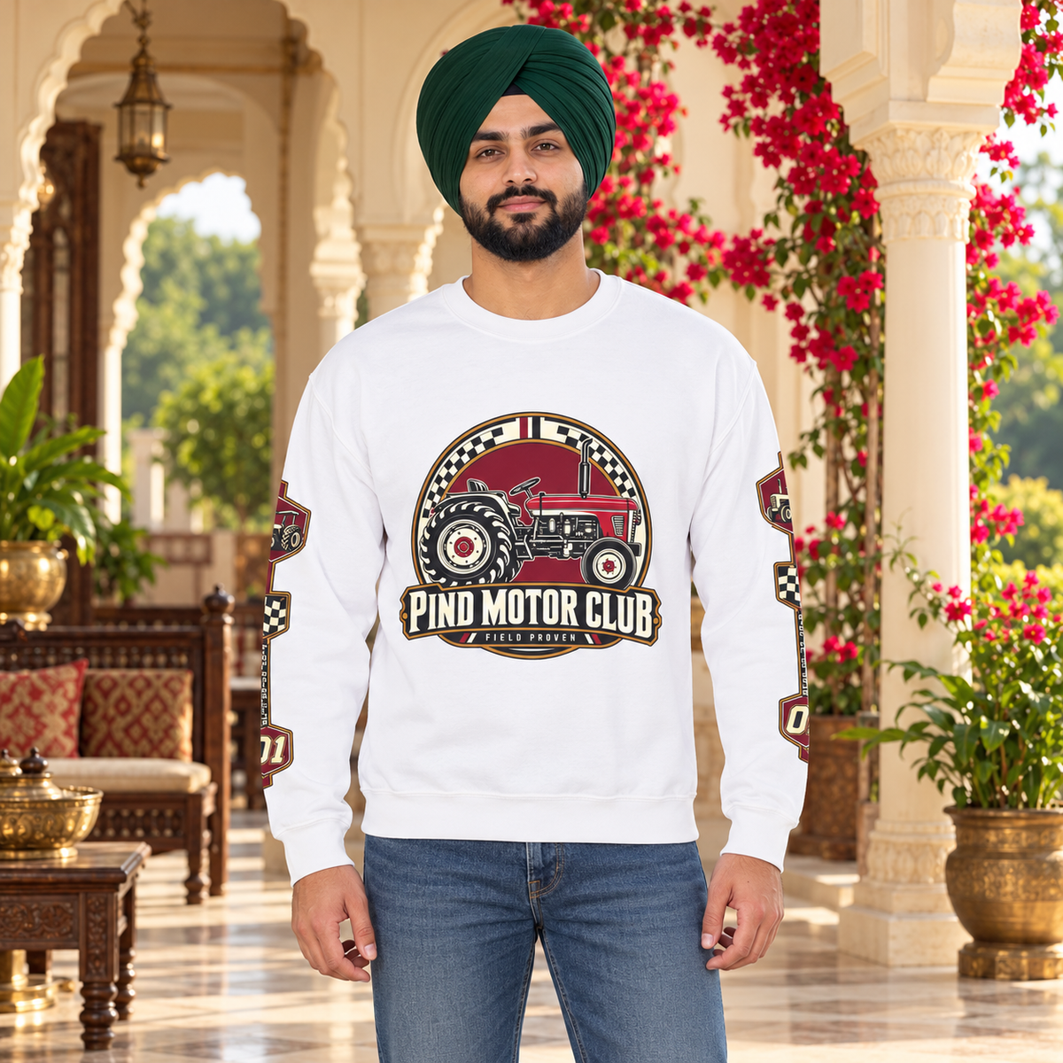 Pind Motor Club white sweatshirt, centered tractor and sleeve prints, Sikh model in luxury Punjabi haveli