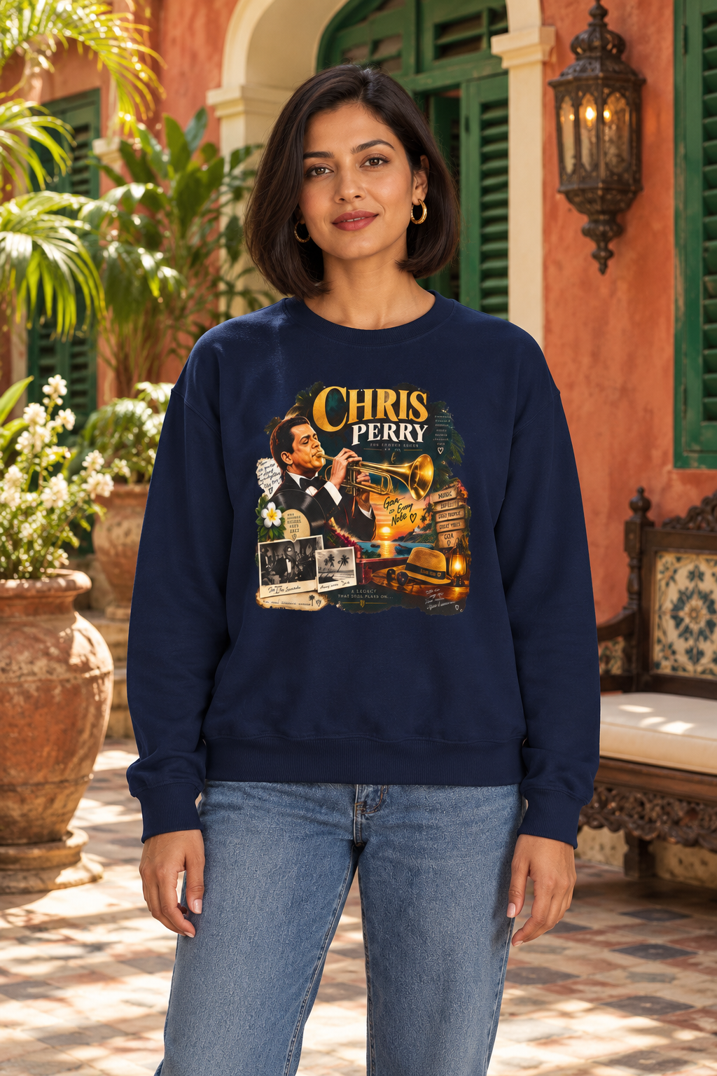 Chris Perry Vintage Jazz Sweatshirt | Goan Music — premium centered mockup 1