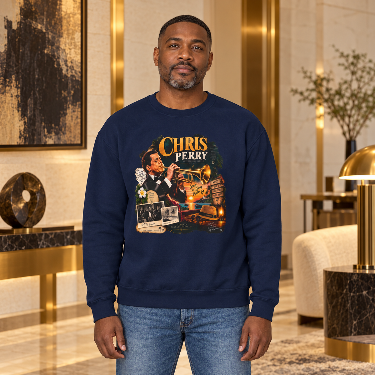 Chris Perry Vintage Jazz Sweatshirt | Goan Music — premium centered mockup 2
