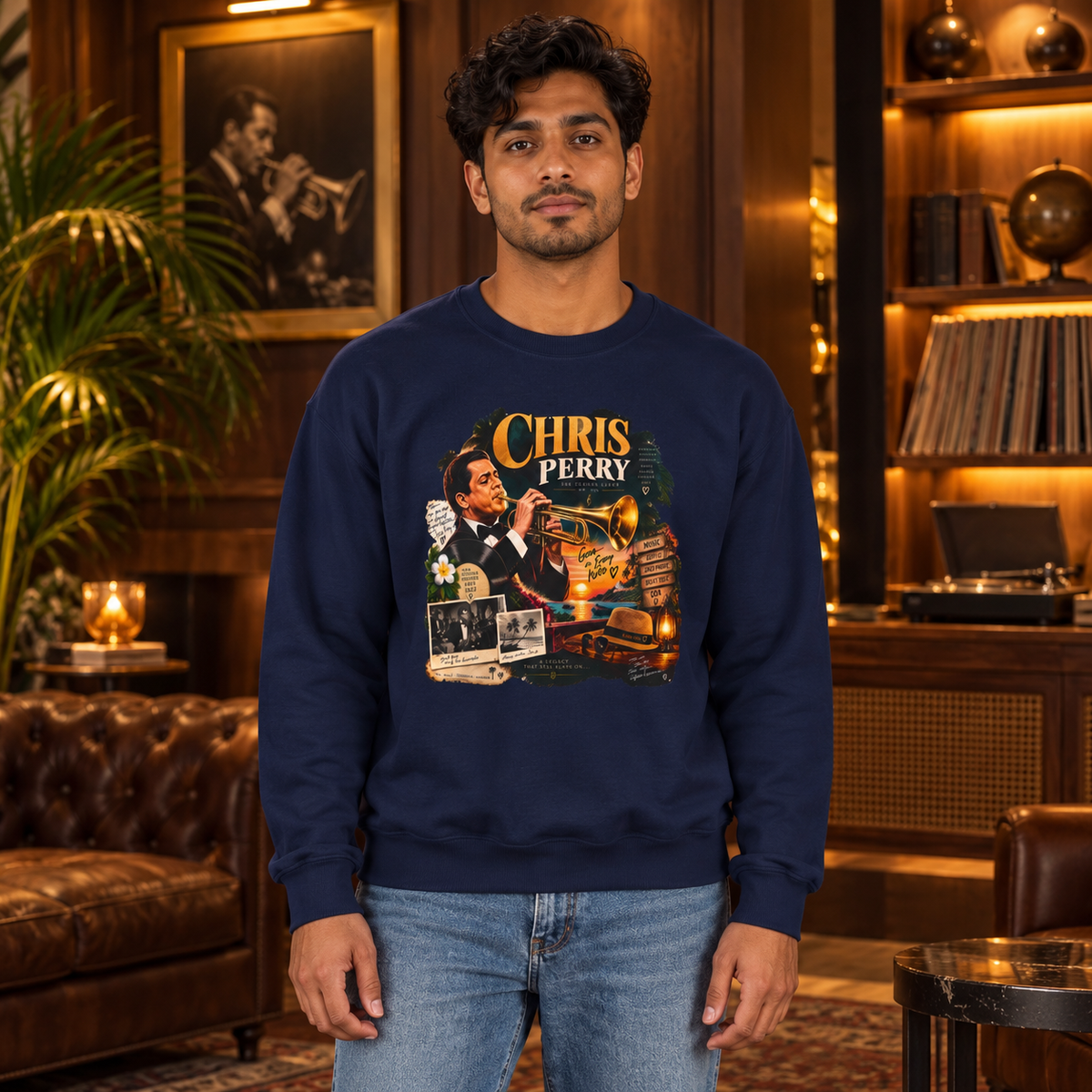 Chris Perry Vintage Jazz Sweatshirt | Goan Music — premium centered mockup 4