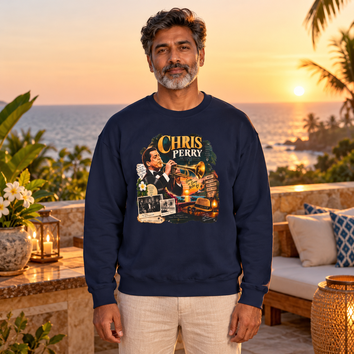 Chris Perry Vintage Jazz Sweatshirt | Goan Music — premium centered mockup 5