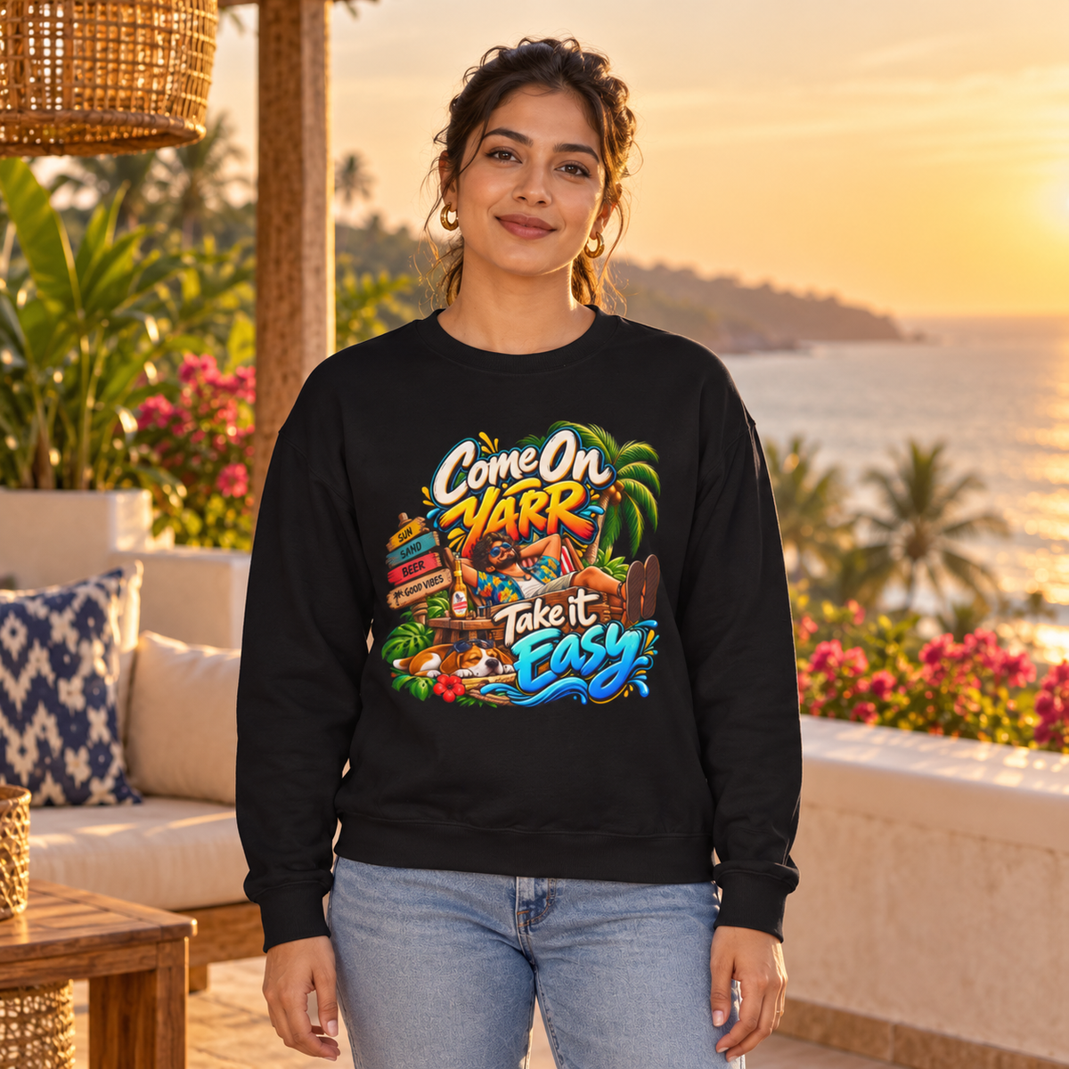 Come On Yarr / Take It Easy Goan-Inspired Crewneck Sweatshirt — premium centered mockup 4