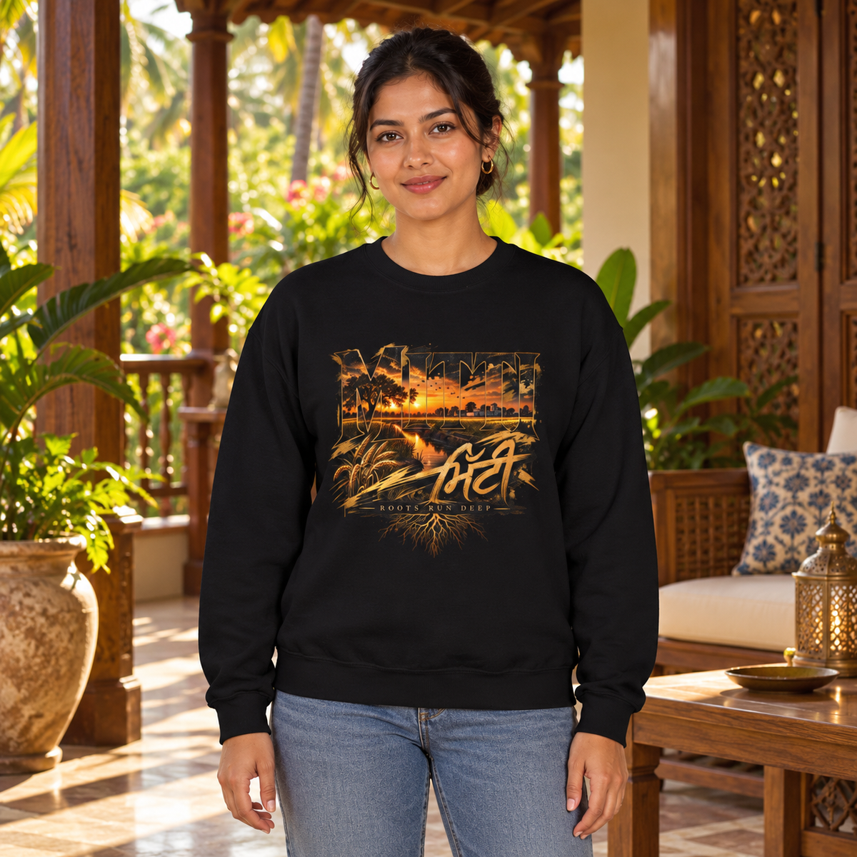 Crewneck Sweatshirt - Vintage Sunset Beach Graphic with 'AFT' Script — premium centered mockup 3