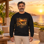 Crewneck Sweatshirt - Vintage Sunset Beach Graphic with 'AFT' Script — premium centered mockup 4