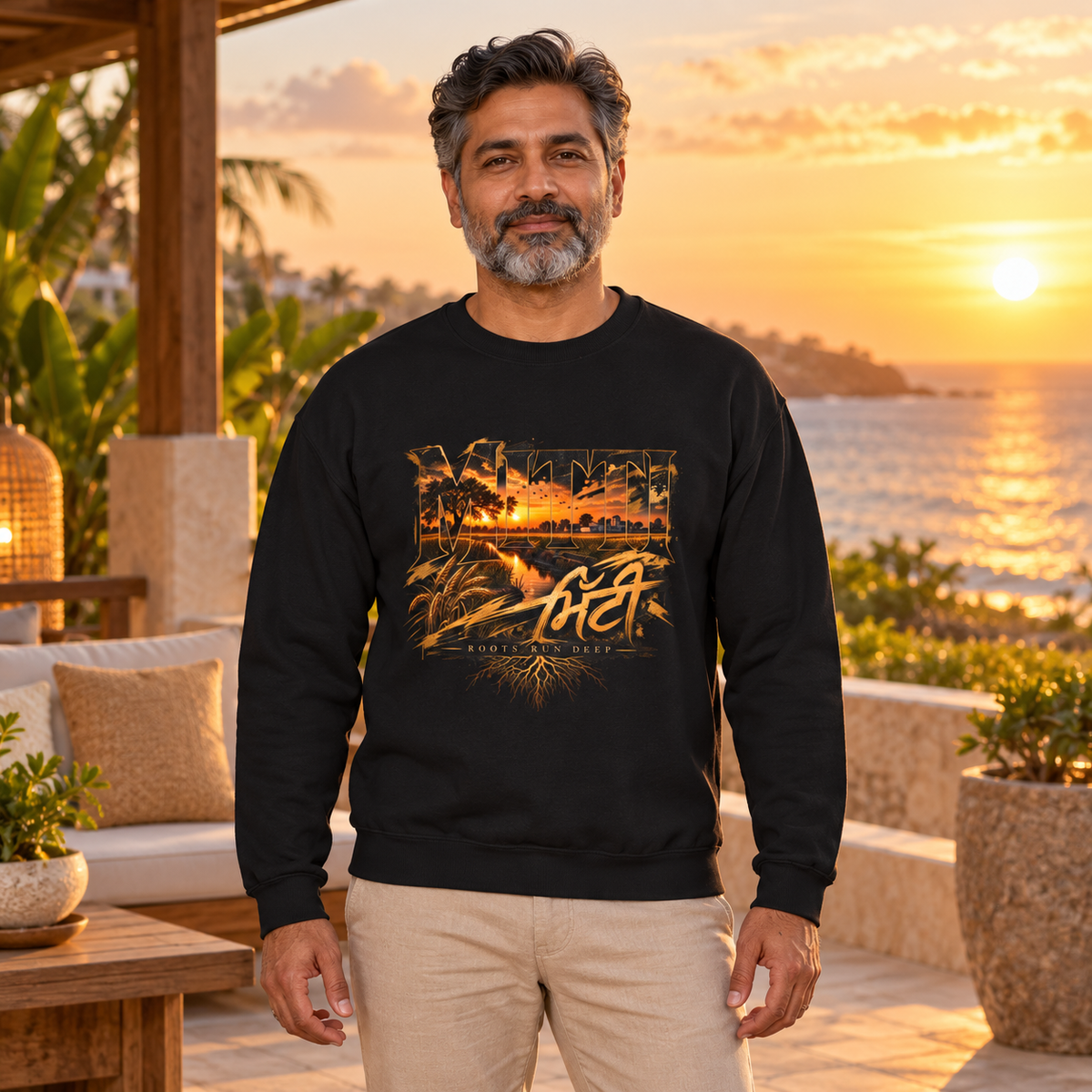 Crewneck Sweatshirt - Vintage Sunset Beach Graphic with 'AFT' Script — premium centered mockup 4